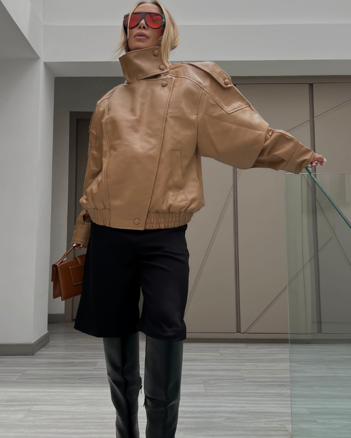 CHAQUETA CUERO CUELLO CAMEL